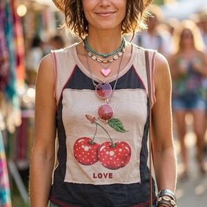 SHEIN Stay Sweet Cherry Graphic Tank Top Bling Rhinestone Detail Boho Medium